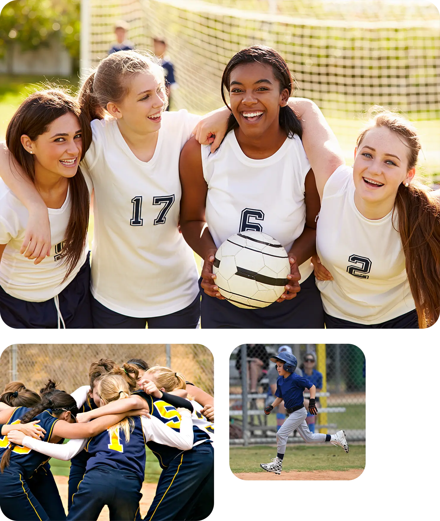 A collage of images of different ages of children playing sports